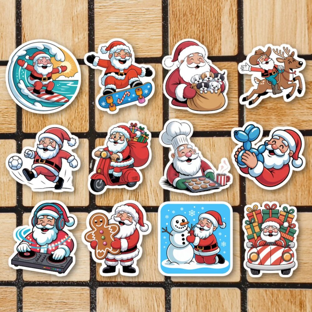Santa Christmas Sticker Pack of 12 Vinyl Stickers Waterproof Die Cut Sticker Set